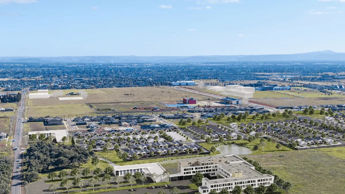 Aerial render of Cobble Springs and the Cobblebank town centre, Victoria