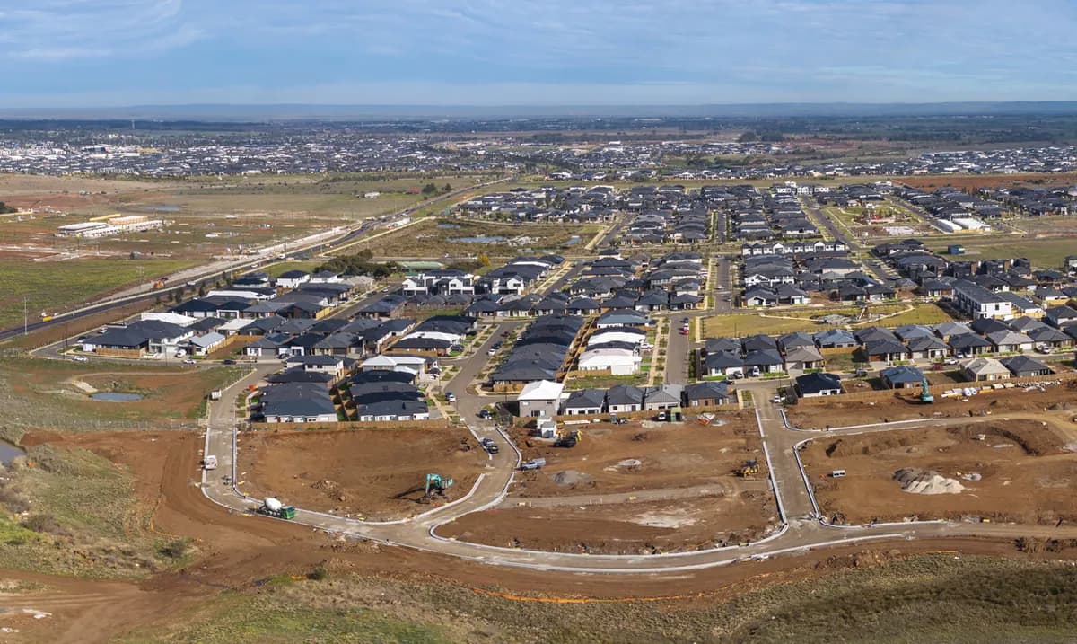 Aerial view looking west over the Samara community at Fraser Rise, Victoria