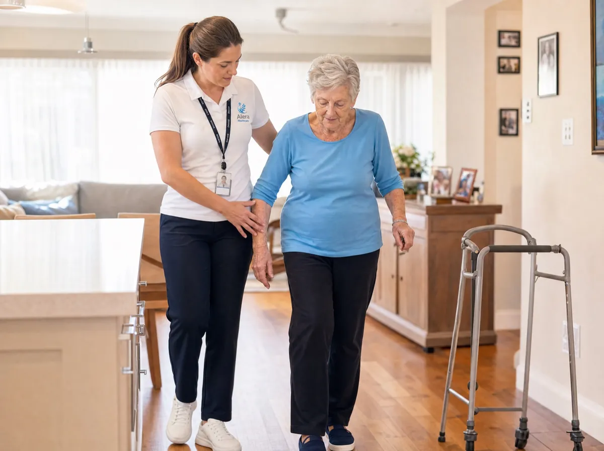 An Alera Healthcare clinician walking with an older client at home